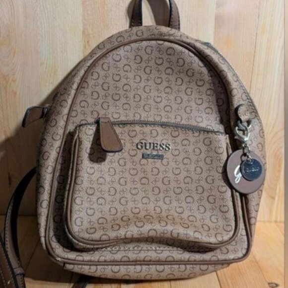 Guess Brown Monogram Pattern Mini Backpack - Picture 1 of 8